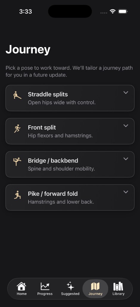 Screenshot of the Flexibl Journey tab with flexibility goals such as splits and backbend